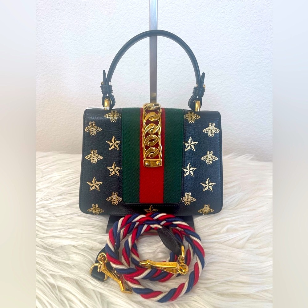 Gucci Sylvie Black and Gold Bee Stars Bag with Braided Strap 2-Way Handles - Picture 4 of 11